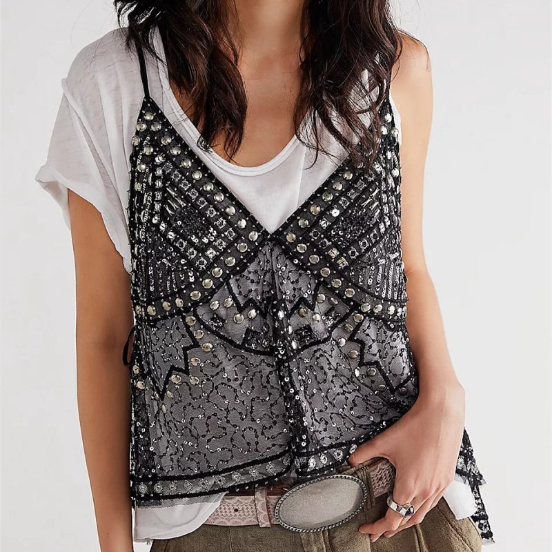 Women's Rivet Tank Tops Stylish Sequin Side Tie Sheer V Neck Spaghetti Straps Camisoles for Summer Coquette Streetwear - Image 4