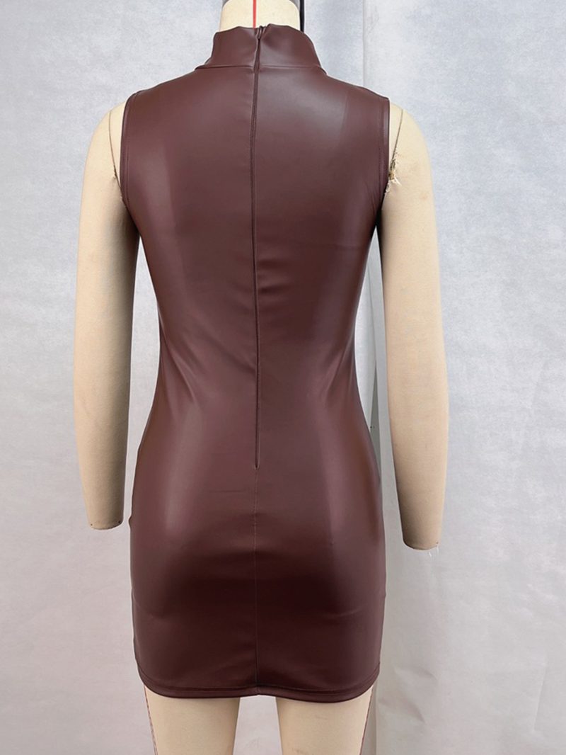 Sexy brown PU leather mini summer dress women clothing elegant bodycon club birthday party dress short evening dresses vestidos - Image 2
