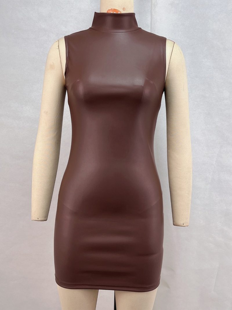 Sexy brown PU leather mini summer dress women clothing elegant bodycon club birthday party dress short evening dresses vestidos - Image 3
