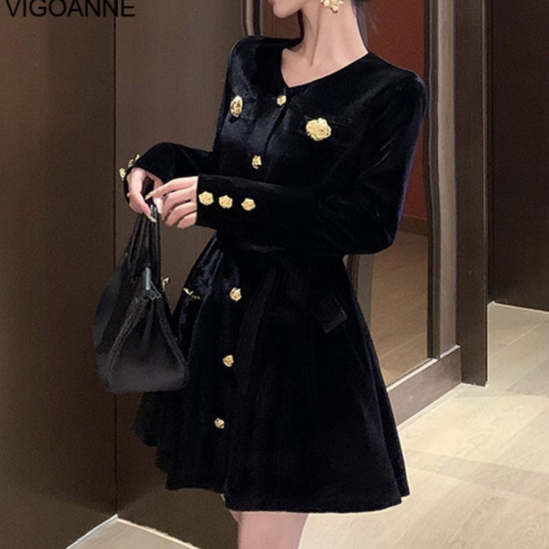 VigoAnne 2025 Woman Black Sexy Velvet Dress Spring Autumn Long Sleeve Korean Dresses Lady Evening Party Tight Short Dress - Image 3