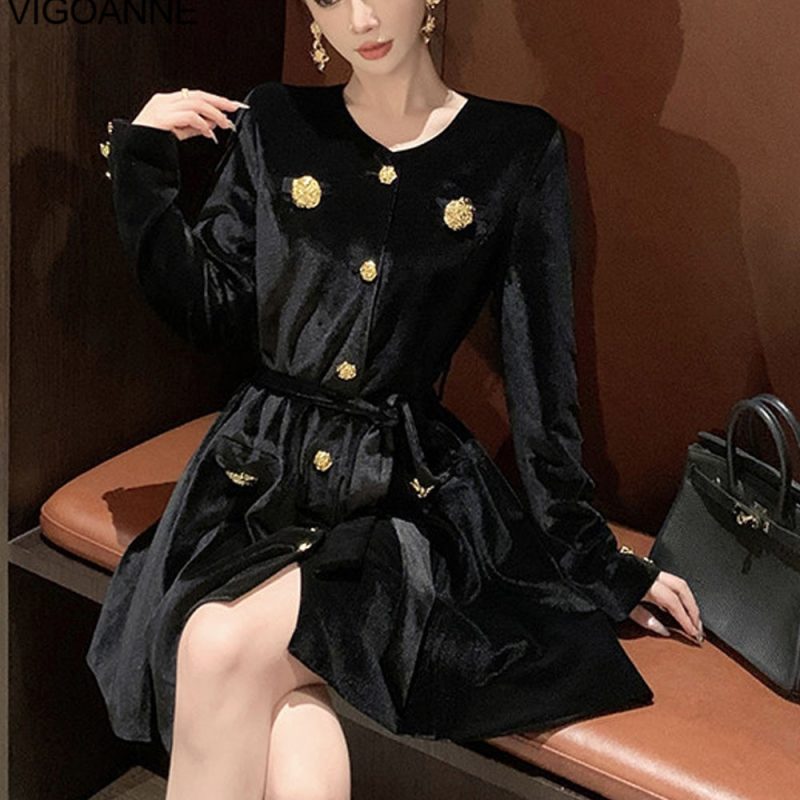VigoAnne 2025 Woman Black Sexy Velvet Dress Spring Autumn Long Sleeve Korean Dresses Lady Evening Party Tight Short Dress - Image 4