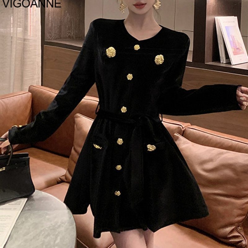 VigoAnne 2025 Woman Black Sexy Velvet Dress Spring Autumn Long Sleeve Korean Dresses Lady Evening Party Tight Short Dress - Image 5