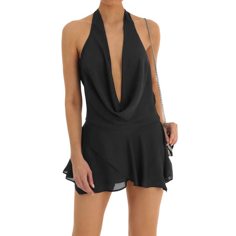 Women s Sheer Halter Mini Dress Summer Draped Plunge Neck Short Dress Sleeveless Backless Tie-up Club Night Out Dresses - Image 6