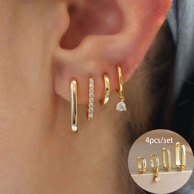 4PCS Luxury Gold Plated U-shape Hoop Earrings Set for Women Geometric Pendant Huggie Punk Unisex Rock Earring Piercing Jewelry