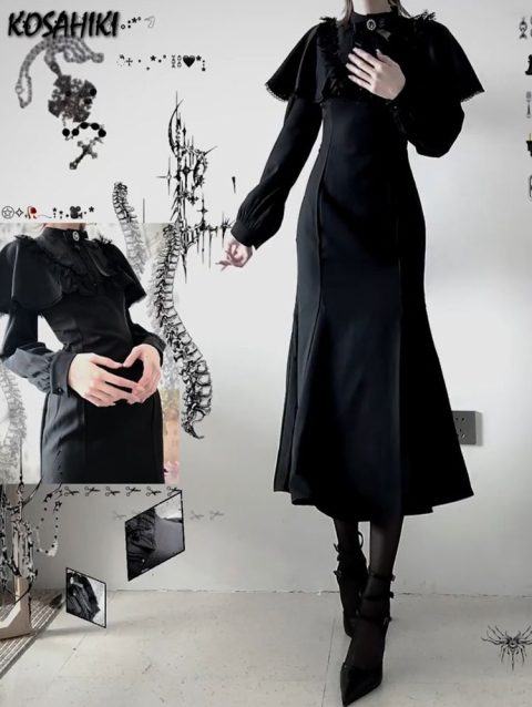 Streetwear Black Vintage Lace Patchwork Dresses Grunge Y2k Aesthetic Pleated Vestidos Gothic Harajuku Woman Bodycon Bow Dress