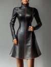 PU Leather Dresses for Women High Neck Zipper Contrast Binding Mini Dress Women Long Sleeve Elegant A-Line Dress Streetwear Top