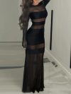 Wefads Women Long Dress Autumn Fashion Sexy Round Neck Long Sleeve Solid Hollow Out Sheer Nipped Waist Skinny Party Dresses