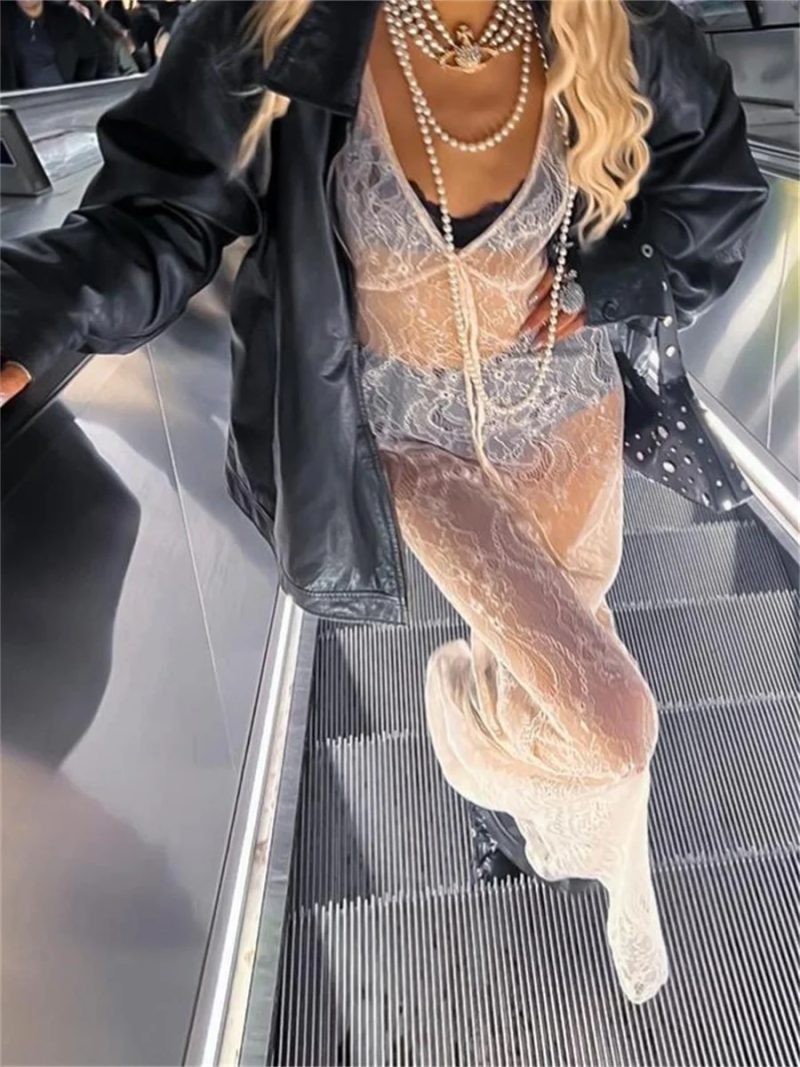 y2k Clothing Women's Sexy See-Through Lace Floral Sheer Tank Dress Summer Sleeveless V Neck Cover-up Long Dress Streetwear - Image 2