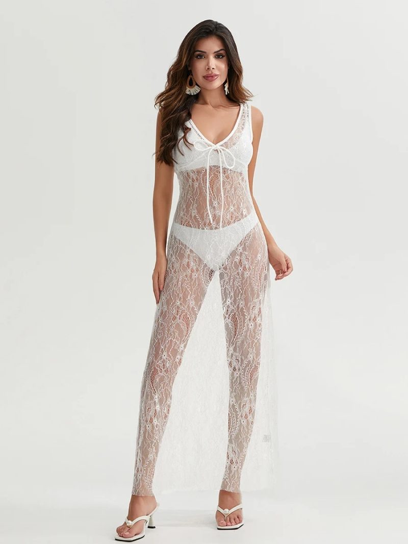 y2k Clothing Women's Sexy See-Through Lace Floral Sheer Tank Dress Summer Sleeveless V Neck Cover-up Long Dress Streetwear - Image 5
