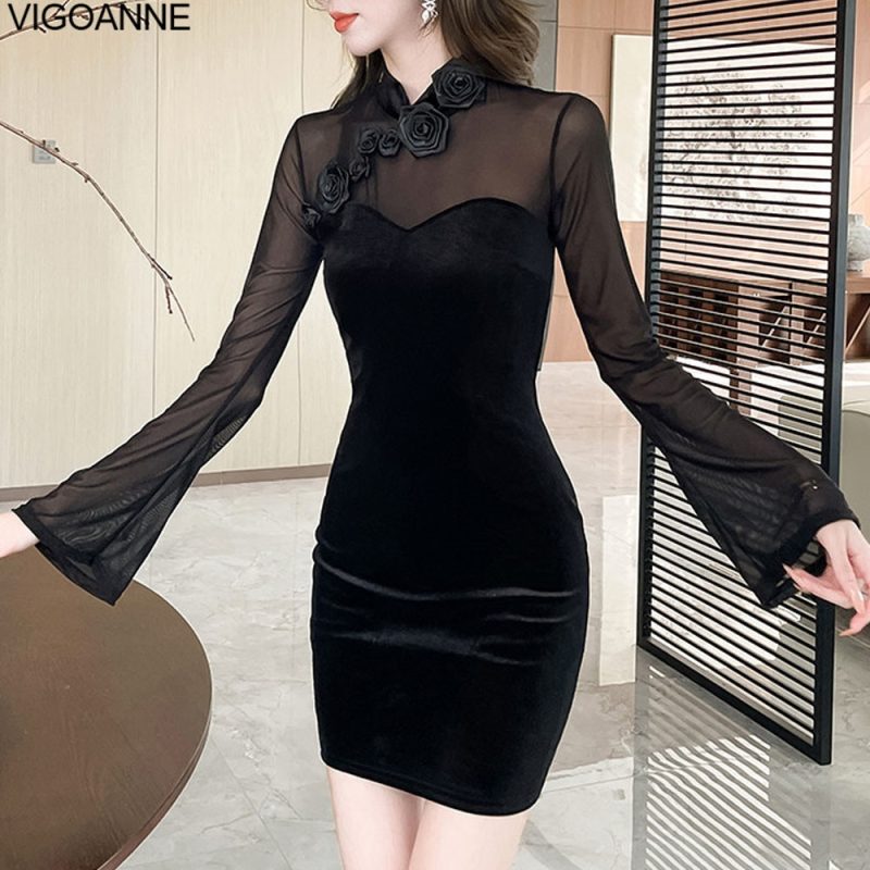 VigoAnne 2025 Woman Solid Mesh Patchwork Dress Spring Summer Long Sleeve Korean Dresses Lady Evening Party Tight Long Dress - Image 4