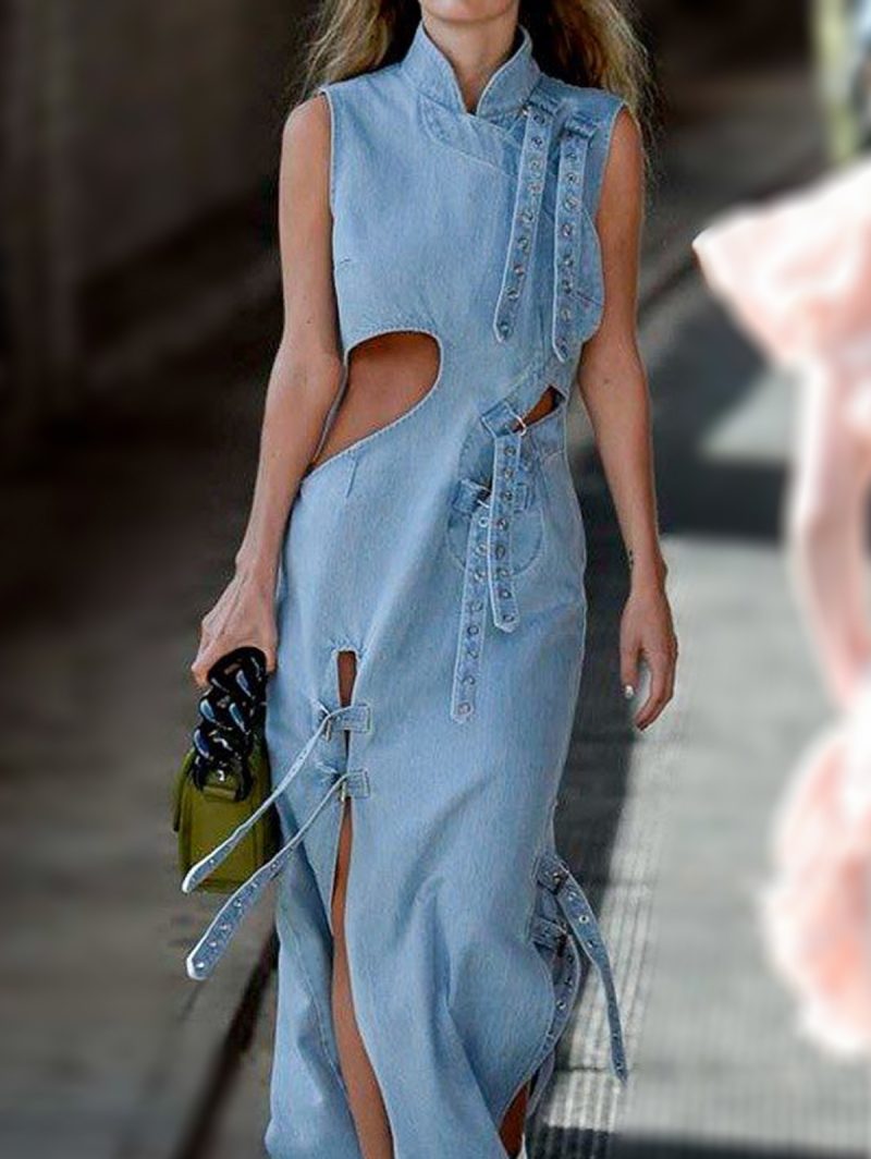 Women Denim Dress Fashion High Waist Hollow Out Long Party Dress Sexy Cutout Sleeveless Thigh Stand Collar Slit Maxi Dresses - Image 2
