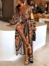 2021 New Style Fashion Elegant Women Sexy Boat Neck Glitter Deep V Neck Print Party Dress Formal Long Dress Sexy Clubwear