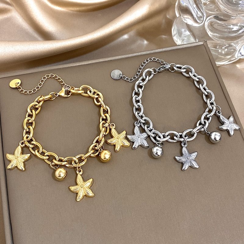 Fashion Stainless Steel Bracelets for Women Chic Starfish Ball Tassel Gold Silver Color Thick Chain Charms Bracelet Jewelry Gift