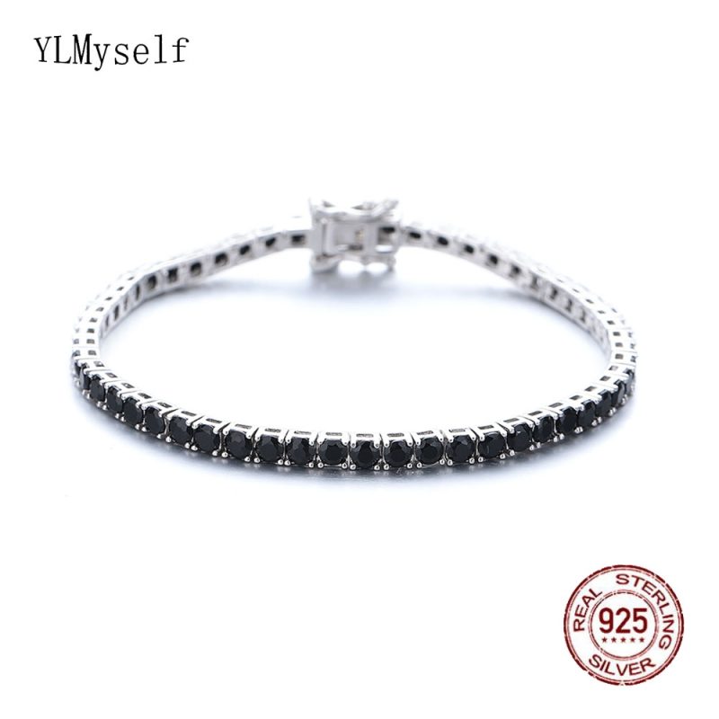 YLMyself 925 Silver Tennis Bracelet 3mm Black CZ Round Pave Unisex Jewelry Gift For Women Men