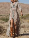 Vintage Pattern Printed Bohemian Long Dress Elegant V Neck Split Loose Dress 2025 New Casual Elastic Waist Lace Up Button Dress