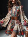 Casual Bohemian Ethnic Style Women's Mini Dress Fashion O-Neck Lantern Sleeves Retro Floral Pattern Print Lace-Up Mini Dresses