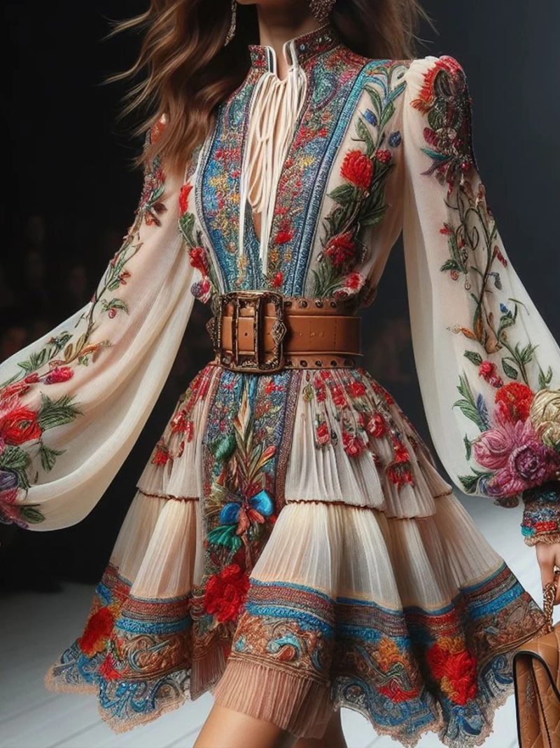 Casual Bohemian Ethnic Style Women's Mini Dress Fashion O-Neck Lantern Sleeves Retro Floral Pattern Print Lace-Up Mini Dresses - Image 2