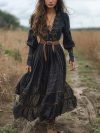 2025 Spring Long Sleeved Pleated Bohemian Dress Casual Rural Loose Maxi Dresses Retro Pattern Printed Deep V Neck Women's Dress