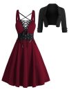 2025 Womens Gothic Dresses Sets Solid Color Open Front Crop Jacket and Lace Up Buckle Strap Crisscross Dress Outfit