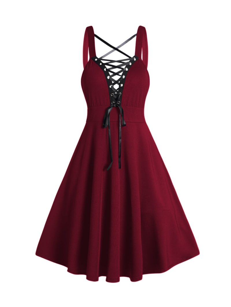 2025 Womens Gothic Dresses Sets Solid Color Open Front Crop Jacket and Lace Up Buckle Strap Crisscross Dress Outfit - Image 3