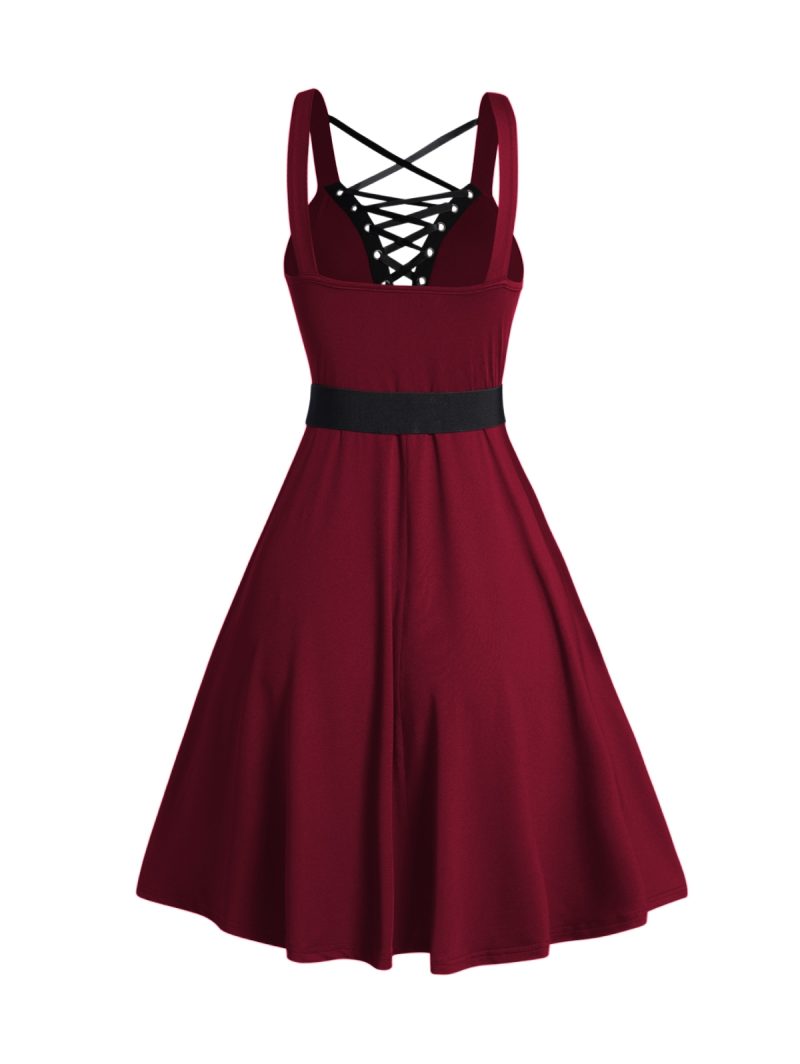 2025 Womens Gothic Dresses Sets Solid Color Open Front Crop Jacket and Lace Up Buckle Strap Crisscross Dress Outfit - Image 4