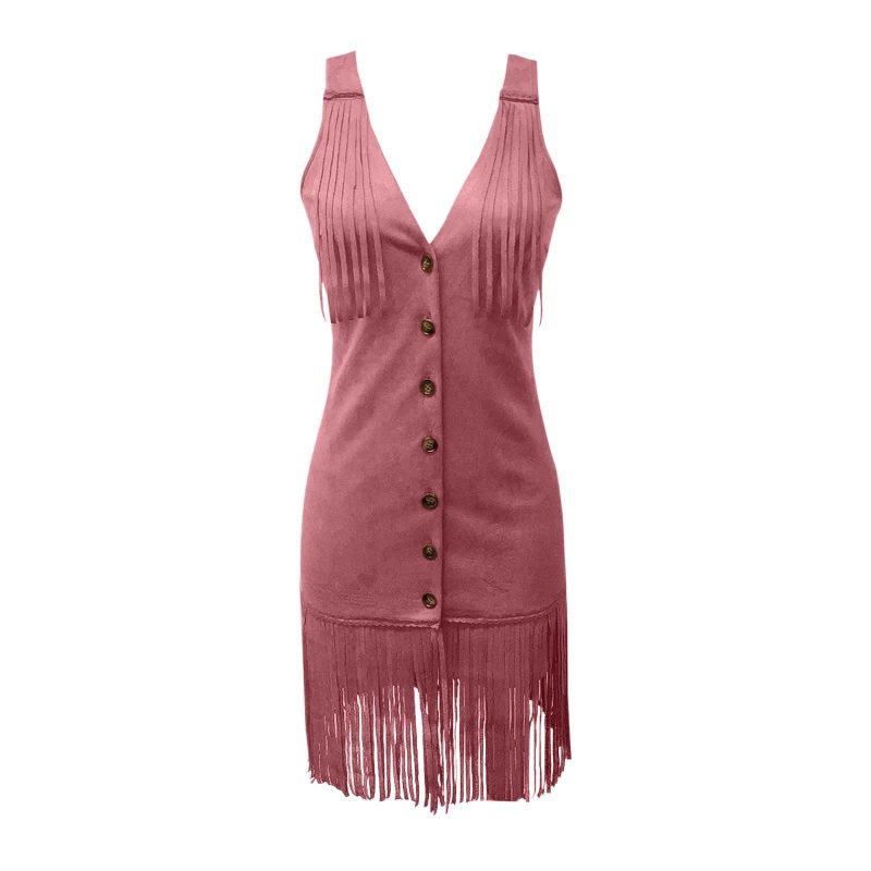 Dress 2025 Women Summer Vintage Deep V Suspender Cut Slim Dress Sleeveless Deer Velvet Leather Irregular Tassel Party Dresses - Image 3