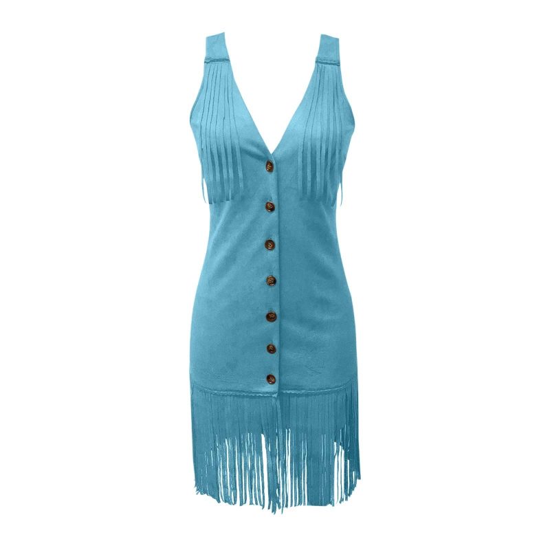 Dress 2025 Women Summer Vintage Deep V Suspender Cut Slim Dress Sleeveless Deer Velvet Leather Irregular Tassel Party Dresses - Image 4