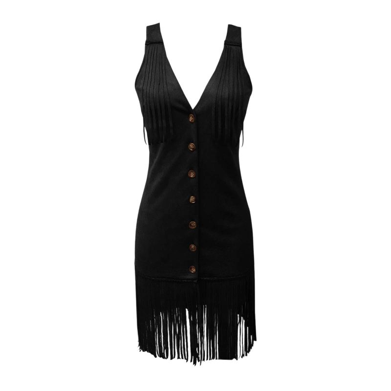 Dress 2025 Women Summer Vintage Deep V Suspender Cut Slim Dress Sleeveless Deer Velvet Leather Irregular Tassel Party Dresses - Image 5