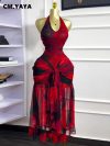 CM.YAYA Women Halter Neck Backless Ruched Stacked Sleeveless Mesh Long Maxi Dress 2025 Birthday Even Sexy Party Dresses Vestidos