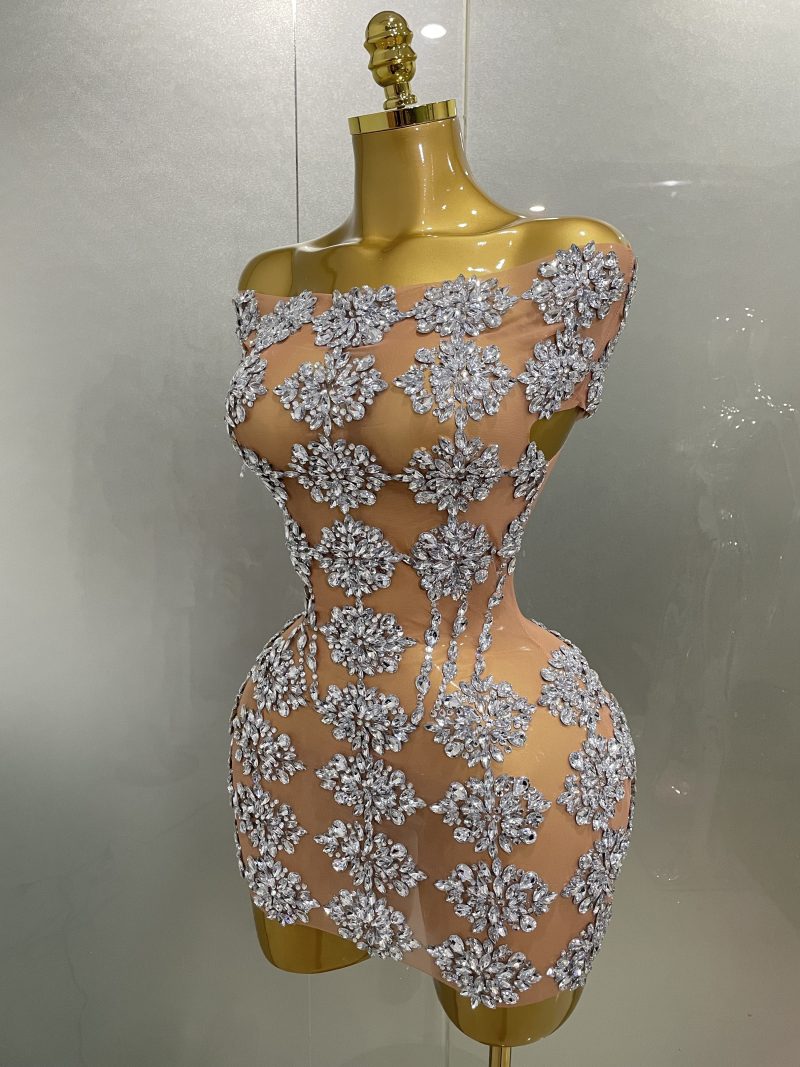 Luxury Sparkly Rhinestone Mesh Mini Dress 2025Women Sexy Nightclub Party Dance Performance Costume Singer Dancer Show Stage Wear - Image 2