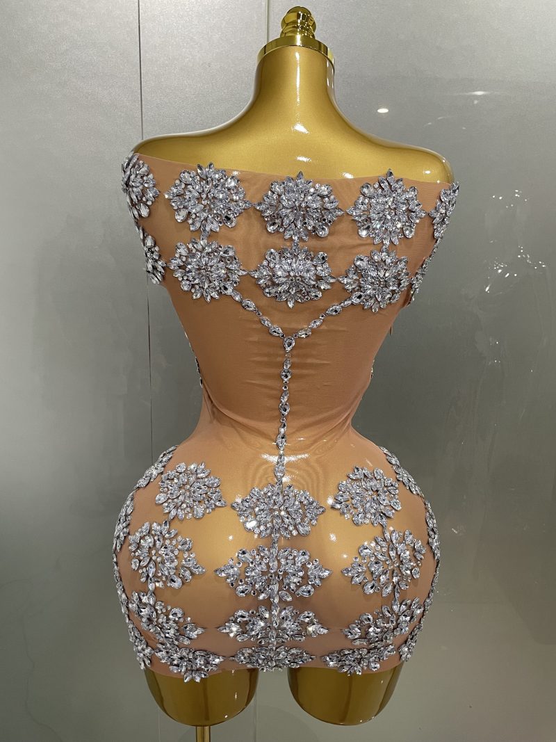 Luxury Sparkly Rhinestone Mesh Mini Dress 2025Women Sexy Nightclub Party Dance Performance Costume Singer Dancer Show Stage Wear - Image 3