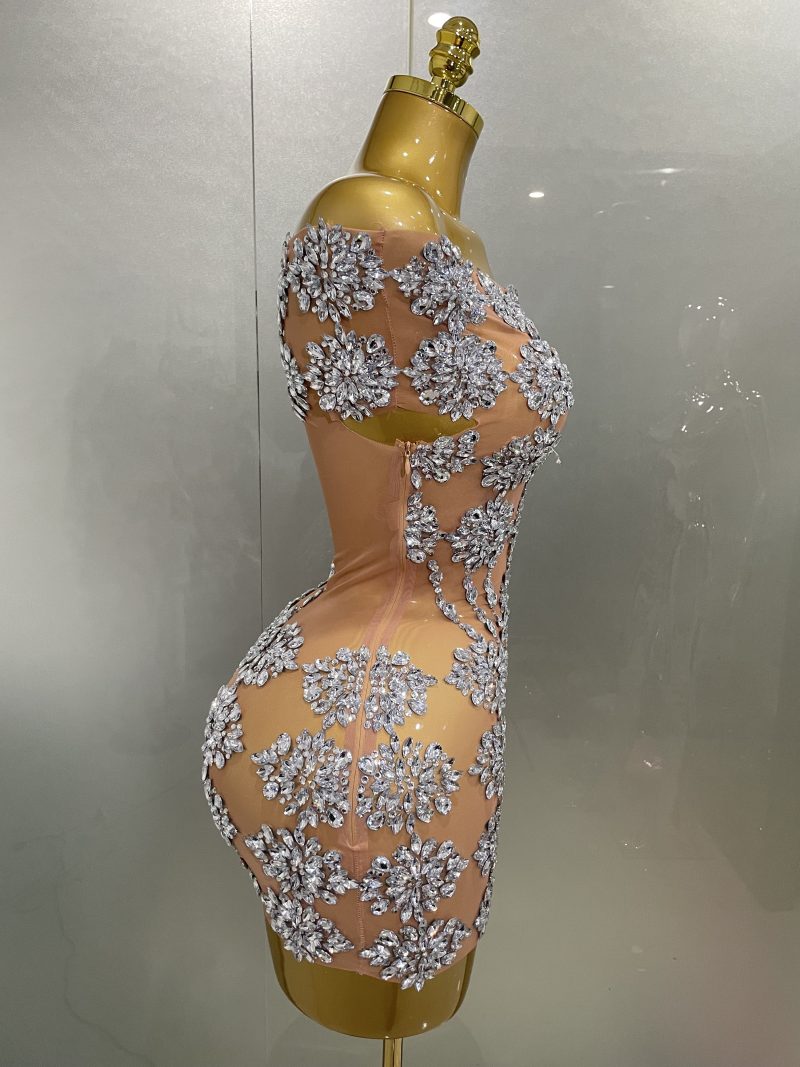 Luxury Sparkly Rhinestone Mesh Mini Dress 2025Women Sexy Nightclub Party Dance Performance Costume Singer Dancer Show Stage Wear - Image 4