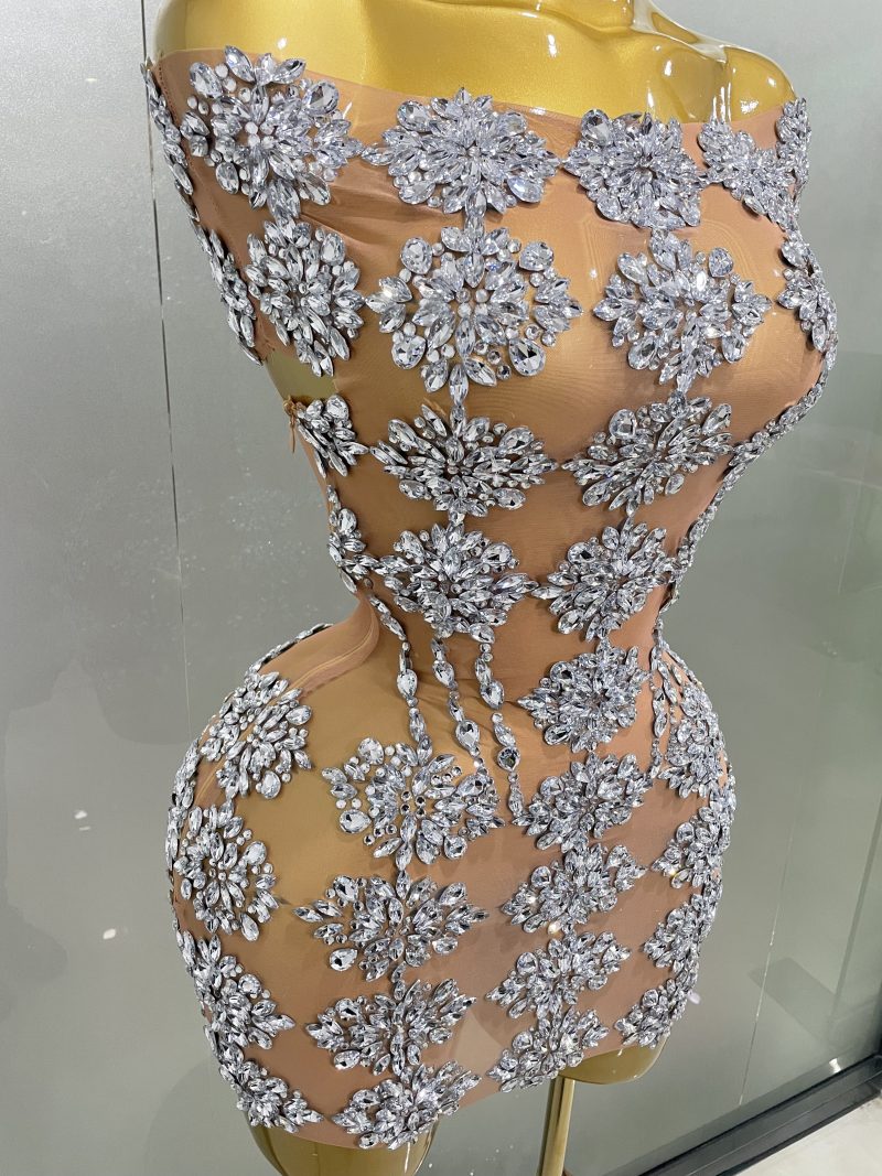 Luxury Sparkly Rhinestone Mesh Mini Dress 2025Women Sexy Nightclub Party Dance Performance Costume Singer Dancer Show Stage Wear - Image 6