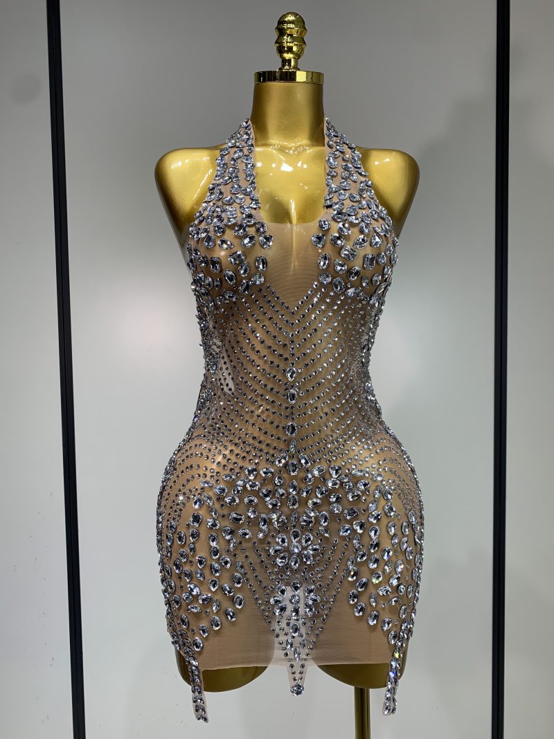 Women See Through Cocktail Birthday Gowns Sexy Luxury Shining rhinestone Mini Dress Nightclub singer Dancer Stage Outfit