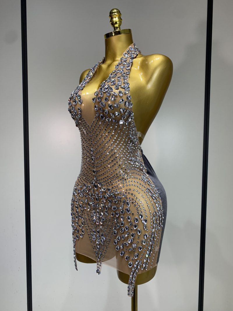 Women See Through Cocktail Birthday Gowns Sexy Luxury Shining rhinestone Mini Dress Nightclub singer Dancer Stage Outfit - Image 2