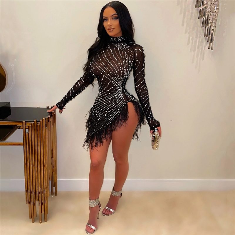 HBLL Sexy Pearls Rhinestone Party Dresses Women Elegant Nightclub Feather Birthday Dress Long Sleeve Mesh Sheer Bodycon Dress - Image 7