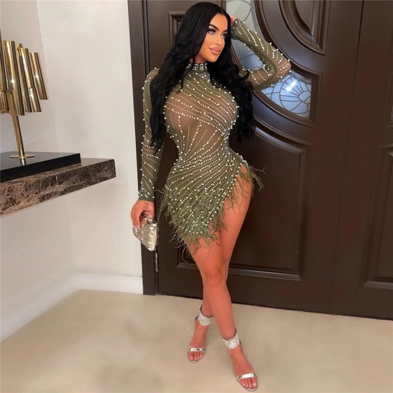 HBLL Sexy Pearls Rhinestone Party Dresses Women Elegant Nightclub Feather Birthday Dress Long Sleeve Mesh Sheer Bodycon Dress - Image 9