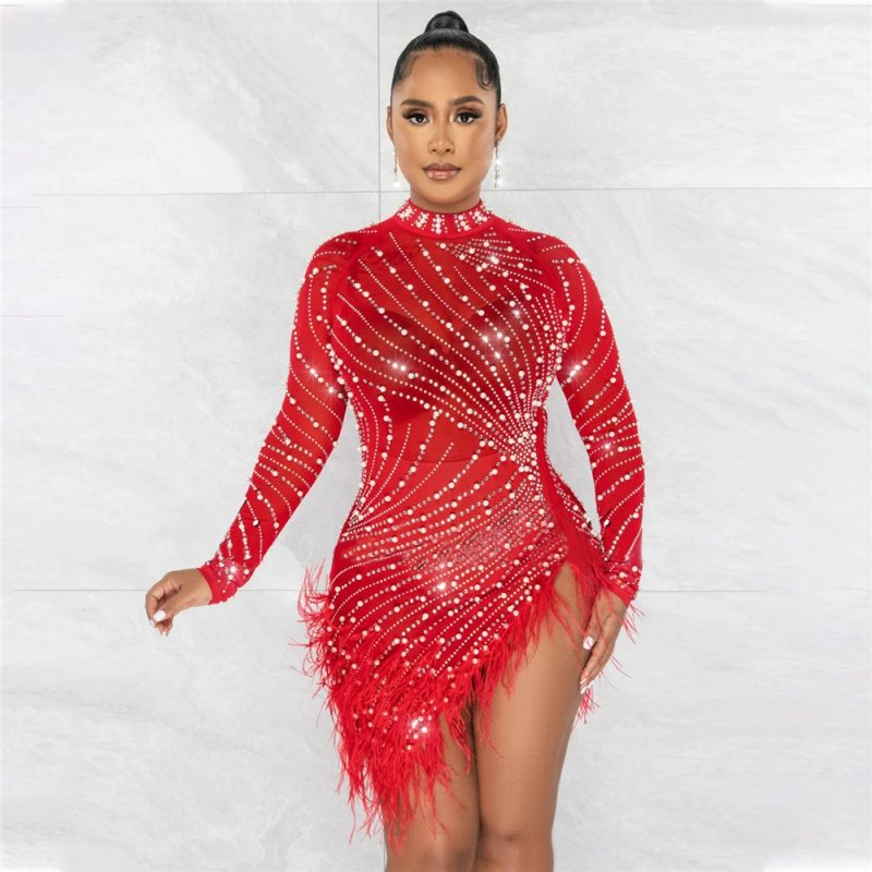 HBLL Sexy Pearls Rhinestone Party Dresses Women Elegant Nightclub Feather Birthday Dress Long Sleeve Mesh Sheer Bodycon Dress - Image 11