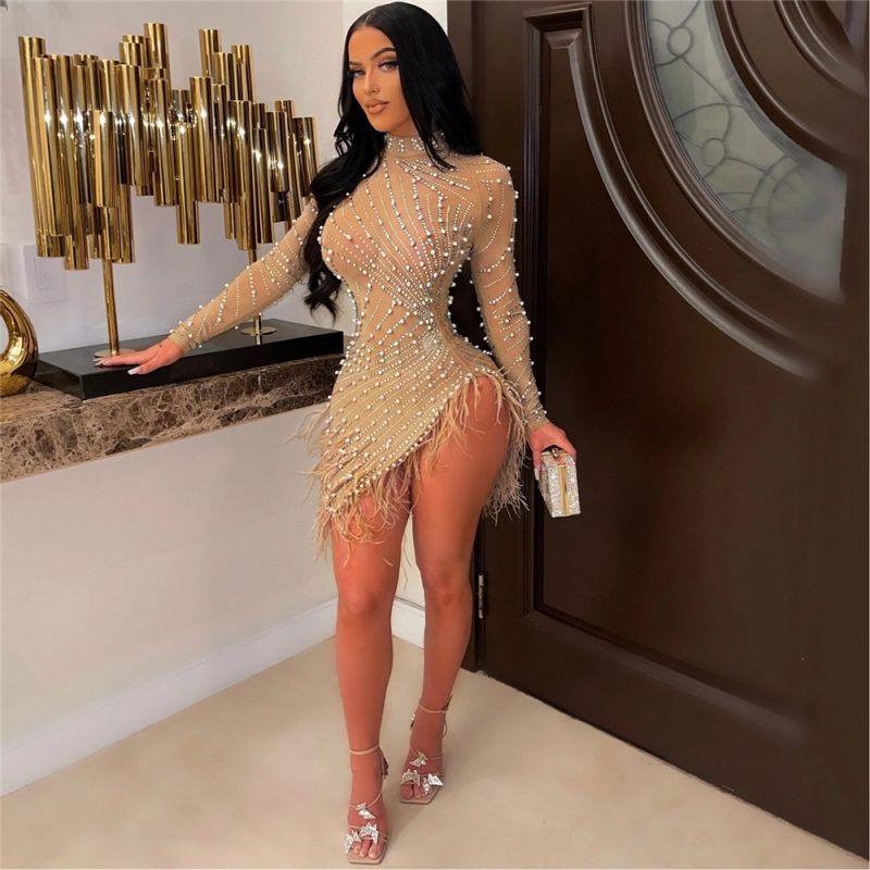 HBLL Sexy Pearls Rhinestone Party Dresses Women Elegant Nightclub Feather Birthday Dress Long Sleeve Mesh Sheer Bodycon Dress - Image 13