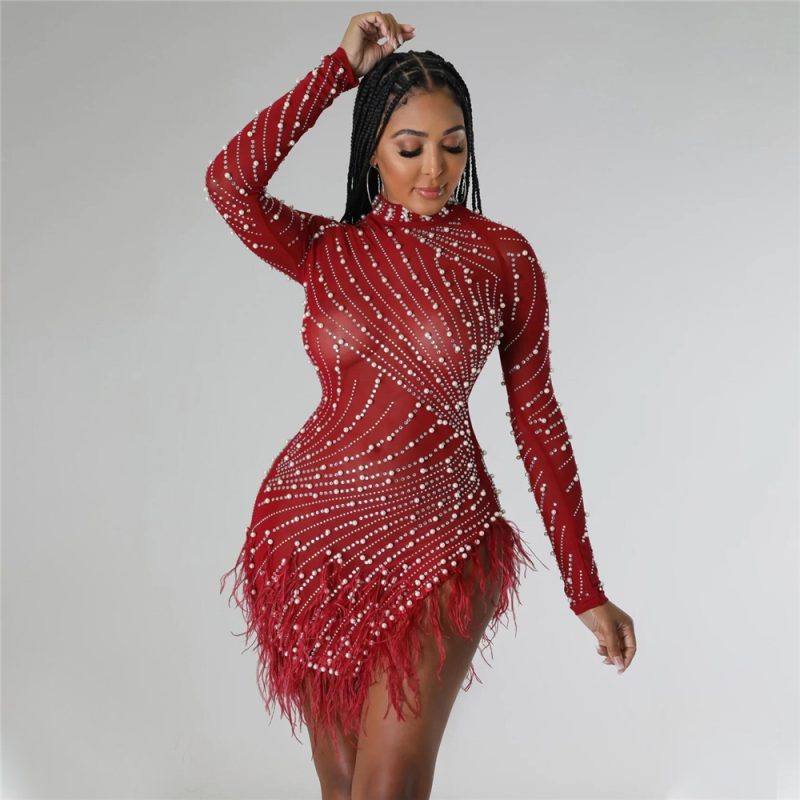 HBLL Sexy Pearls Rhinestone Party Dresses Women Elegant Nightclub Feather Birthday Dress Long Sleeve Mesh Sheer Bodycon Dress - Image 14