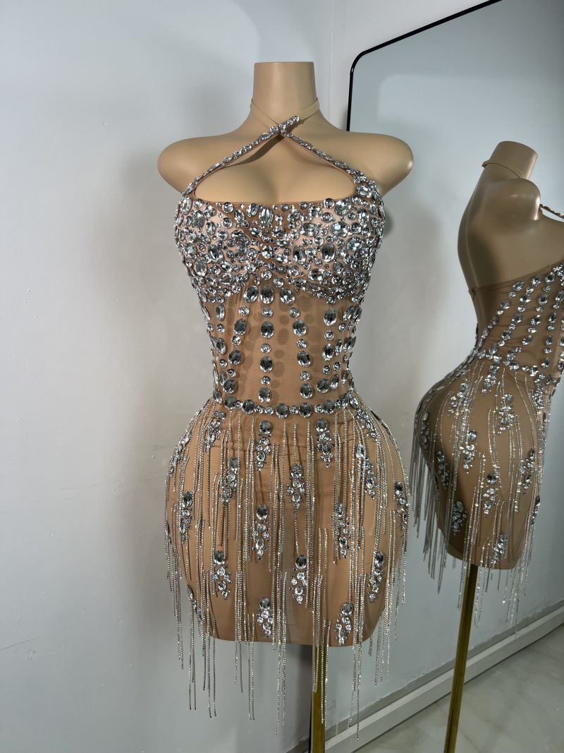 Luxury Crystals Diamonds Evening Party Dress Women Sexy Halter See Through Mesh Birthday Gowns Nightclub Singer Stage Wear