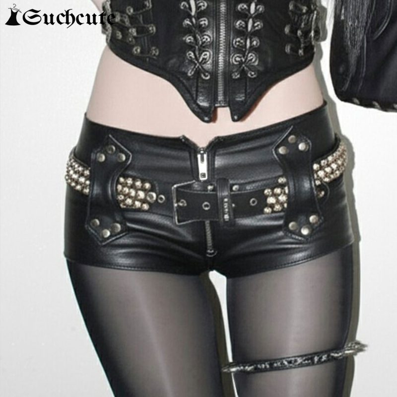 SUCHCUTE Gothic Sexy Low Waist Pu Leather Shorts Women Zipper Slim Mini Trousers Y2k Streetwear 90s Clothes Summer Ladies