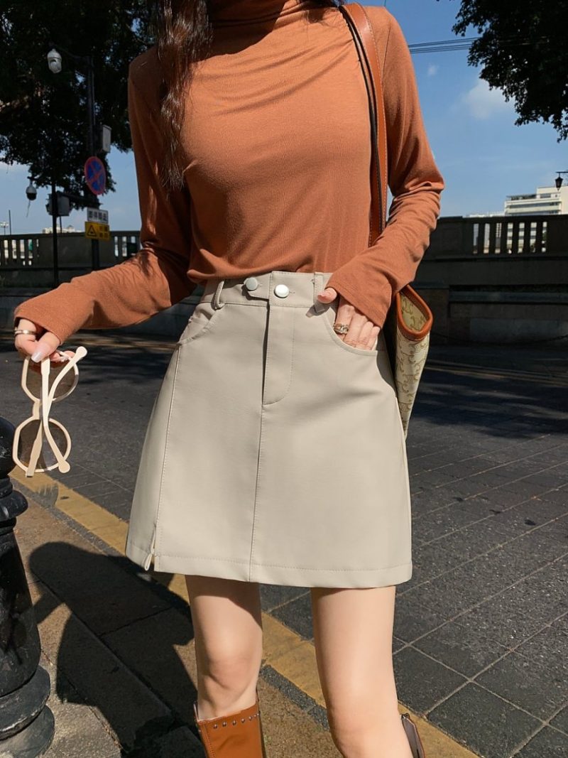 Coffee High Waist Sexy Pu Leather Short Skirt Woman Autumn Winter Korean Slim Chic Pencil Skirts Lady - Image 3