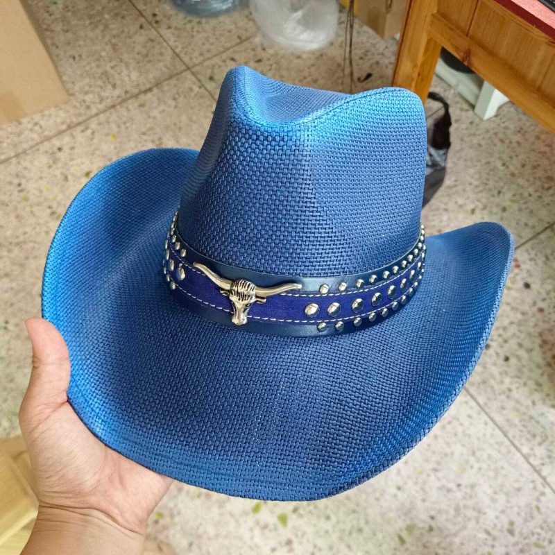 Navy blue western cowboy straw hat custom men and women retro jazz straw hat hollow hat sun hat sombrero cowboy - Image 2