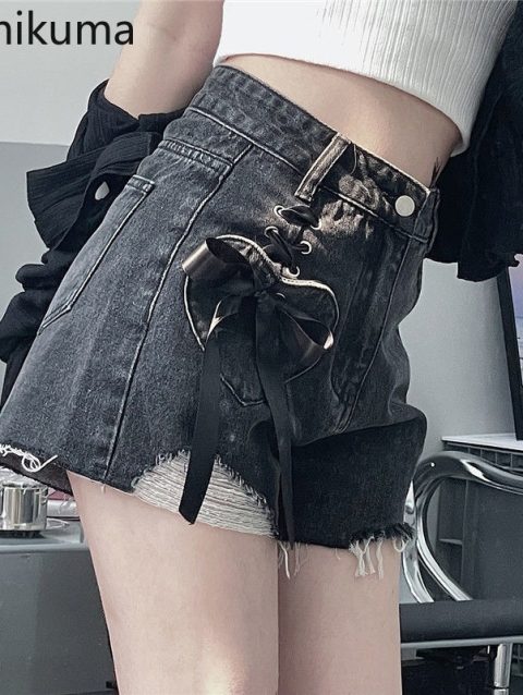 Harajuku Y2k Denim Shorts Bandage Bow Hole Summer Pants High Waist Tunic Sexy Fashion Wide Leg Shorts Pantalones Cortos De Mujer