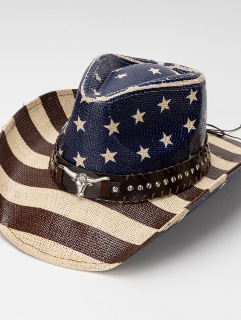 Vintage Star Stripe Print Straw Cowgirl Hat for Women Men Bull Head Belt Wide Brim Western Caps for 4th of July Panama Jazz Hat