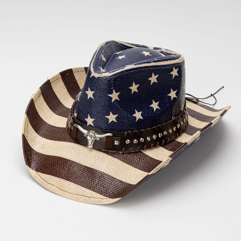 Vintage Star Stripe Print Straw Cowgirl Hat for Women Men Bull Head Belt Wide Brim Western Caps for 4th of July Panama Jazz Hat