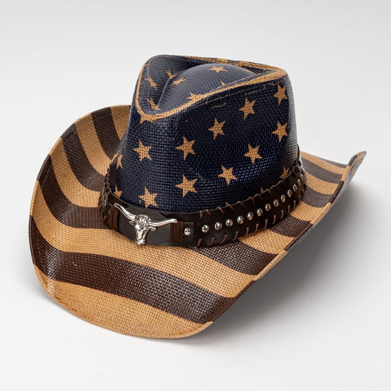 Vintage Star Stripe Print Straw Cowgirl Hat for Women Men Bull Head Belt Wide Brim Western Caps for 4th of July Panama Jazz Hat - Image 2