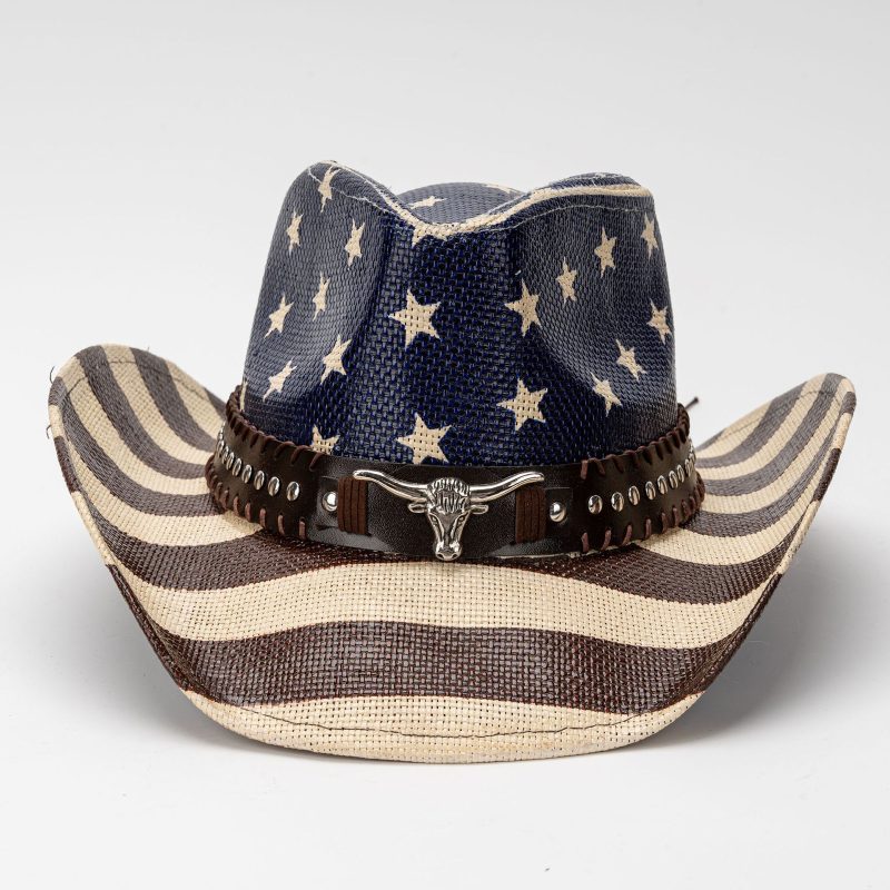Vintage Star Stripe Print Straw Cowgirl Hat for Women Men Bull Head Belt Wide Brim Western Caps for 4th of July Panama Jazz Hat - Image 4