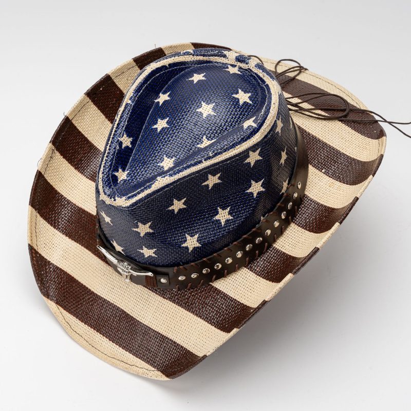 Vintage Star Stripe Print Straw Cowgirl Hat for Women Men Bull Head Belt Wide Brim Western Caps for 4th of July Panama Jazz Hat - Image 5